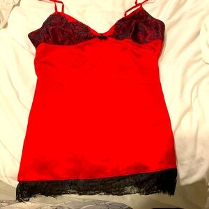 Victoria’s Secret red satin chemise with black lace. SIZE large.